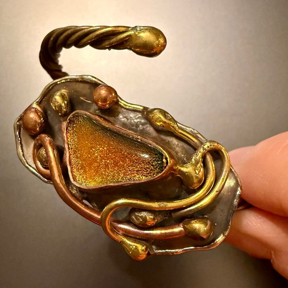 Artisan Mixed Metal Brass Brutalist Dichroic Glass Bracelet